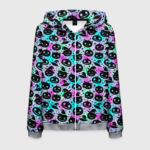 Мужская толстовка на молнии Halloween - тыквы на неоновом фоне / 3D-Меланж – фото 1