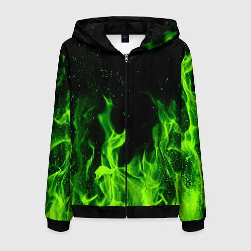 Мужская толстовка на молнии Огонь зелёный текстура / 3D-Черный – фото 1