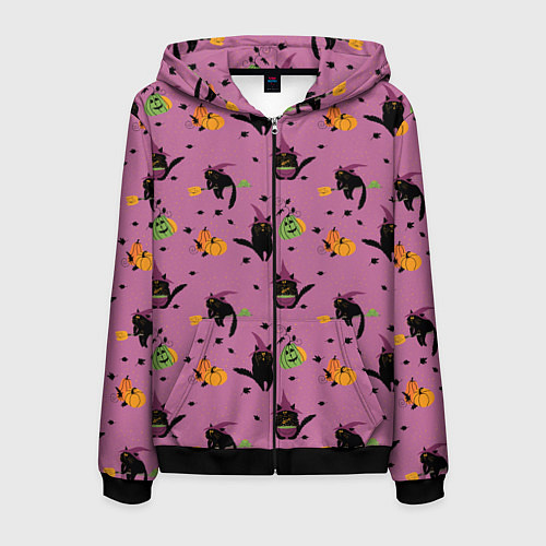 Мужская толстовка на молнии Хэллоуин и кот ведьмы / 3D-Черный – фото 1