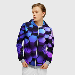 Толстовка 3D на молнии мужская Абстрактные трехмерные фиолетовые гексагоны, цвет: 3D-меланж — фото 2