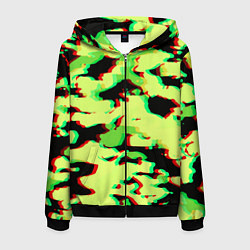 Толстовка 3D на молнии мужская Камуфляж зелёный глитч, цвет: 3D-черный