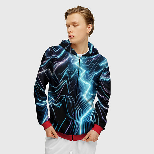 Мужская толстовка на молнии Разряд молнии - неоновое свечение / 3D-Красный – фото 3