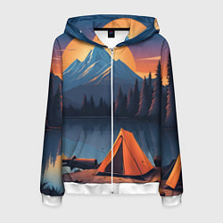Толстовка 3D на молнии мужская Палатка на берегу озера, цвет: 3D-белый