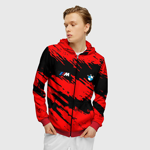 Мужская толстовка на молнии BMW красные краски текстура / 3D-Красный – фото 3