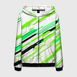 Мужская толстовка на молнии Чёрно-зелёно-салатовые полосы на белом фоне