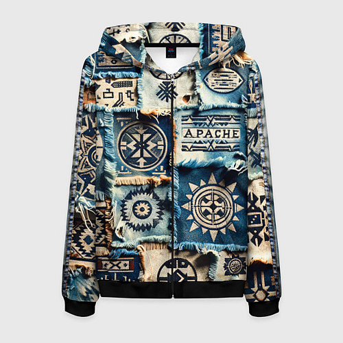 Мужская толстовка на молнии Символы Апачи на пэчворк дениме / 3D-Черный – фото 1