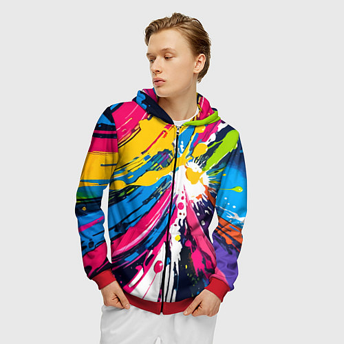 Мужская толстовка на молнии Красочная абстракция - экспрессионизм / 3D-Красный – фото 3