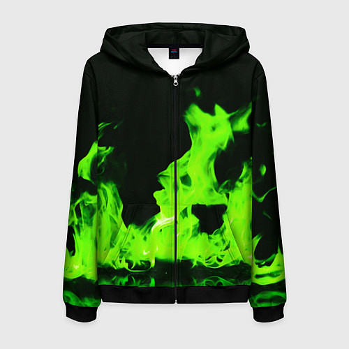 Мужская толстовка на молнии Кислотный зелёный огонь / 3D-Черный – фото 1