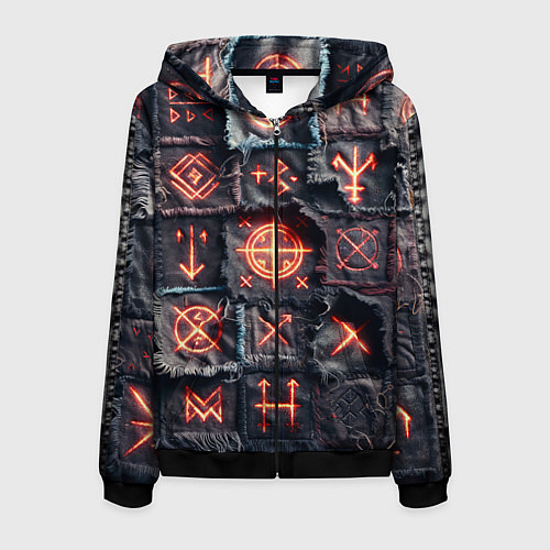 Мужская толстовка на молнии Символы викингов на пэчворк джинсах / 3D-Черный – фото 1