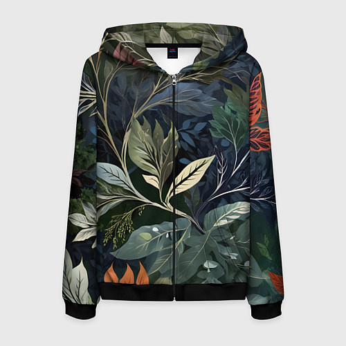 Мужская толстовка на молнии Объемные листья / 3D-Черный – фото 1