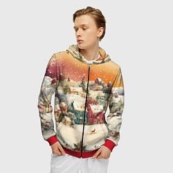 Толстовка 3D на молнии мужская Новогодний город из разноцветных домов, цвет: 3D-красный — фото 2