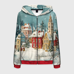 Толстовка 3D на молнии мужская Праздничный новогодний город, цвет: 3D-красный