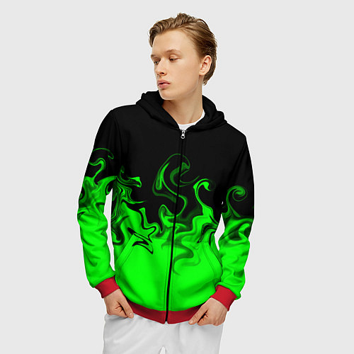 Мужская толстовка на молнии Абстрактный зеленый огонь / 3D-Красный – фото 3