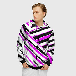 Толстовка 3D на молнии мужская Розово-чёрные полосы на белом фоне, цвет: 3D-черный — фото 2