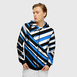 Толстовка 3D на молнии мужская Бело-синие диагональные полосы на чёрном фоне, цвет: 3D-черный — фото 2