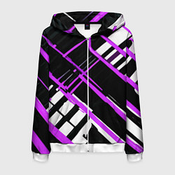 Толстовка 3D на молнии мужская Фиолетово-белые линии на чёрном фоне, цвет: 3D-белый