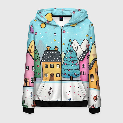 Мужская толстовка на молнии Новогодние рисованные домики / 3D-Черный – фото 1