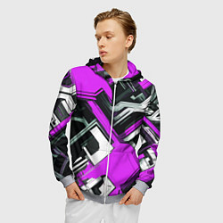 Толстовка 3D на молнии мужская Бело-фиолетовый техно паттерн на чёрном фоне, цвет: 3D-меланж — фото 2