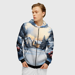 Толстовка 3D на молнии мужская Зимний снежный двор, цвет: 3D-черный — фото 2