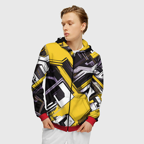 Мужская толстовка на молнии Бело-жёлтый техно паттерн на чёрном фоне / 3D-Красный – фото 3