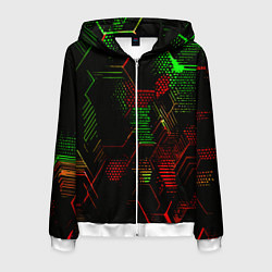 Толстовка 3D на молнии мужская Красно-зелёные точки и линии на чёрном фоне, цвет: 3D-белый