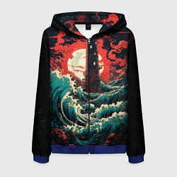 Толстовка 3D на молнии мужская Маяк и волны в японском стиле, цвет: 3D-синий