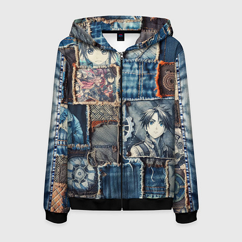 Мужская толстовка на молнии Аниме пэчворк деним / 3D-Черный – фото 1