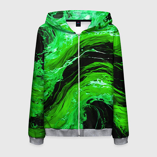Мужская толстовка на молнии Зелёные брызги на чёрном фоне / 3D-Меланж – фото 1