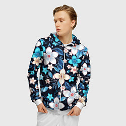 Толстовка 3D на молнии мужская Сине-белые цветы на чёрном фоне, цвет: 3D-белый — фото 2