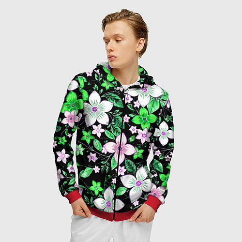 Мужская толстовка на молнии Зелёно-белые цветы на чёрном фоне / 3D-Красный – фото 3