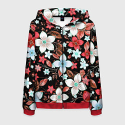 Толстовка 3D на молнии мужская Красно-белые цветы на чёрном фоне, цвет: 3D-красный