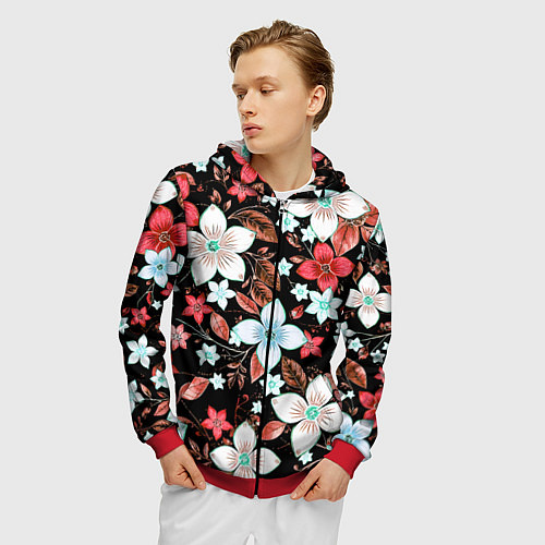 Мужская толстовка на молнии Красно-белые цветы на чёрном фоне / 3D-Красный – фото 3