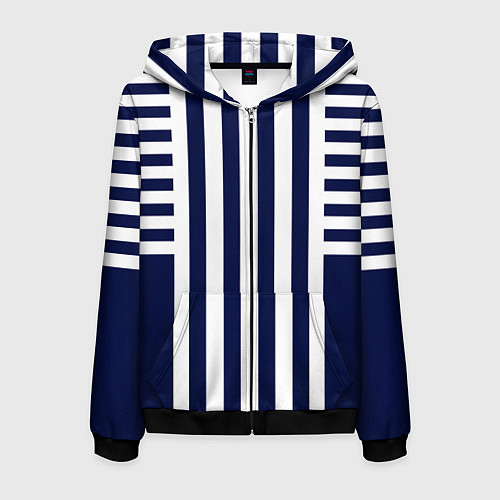 Мужская толстовка на молнии Бело синий комбинированный полосатый узор / 3D-Черный – фото 1