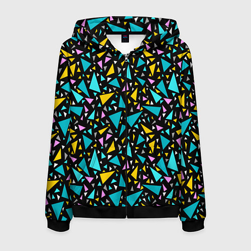 Мужская толстовка на молнии Разноцветные яркие треугольники на черном / 3D-Черный – фото 1