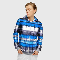 Толстовка 3D на молнии мужская Чёрные полосы на сине-белом фоне, цвет: 3D-меланж — фото 2