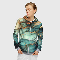 Толстовка 3D на молнии мужская Бирюзовый узор с оранжевыми вставками, цвет: 3D-меланж — фото 2
