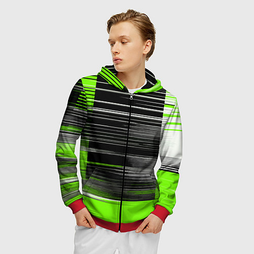 Мужская толстовка на молнии Белые вертикальные полосы на чёрно-зелёном фоне / 3D-Красный – фото 3