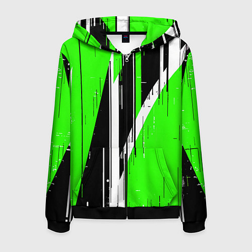 Мужская толстовка на молнии Чёрно-белые вертикальные полосы на зелёном фоне / 3D-Черный – фото 1