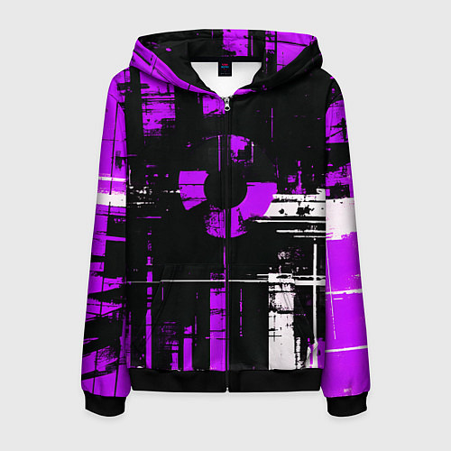 Мужская толстовка на молнии Фиолетово-белый гранж на чёрном фоне / 3D-Черный – фото 1
