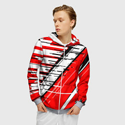 Толстовка 3D на молнии мужская Чёрно-белые глитч полосы на красном фоне, цвет: 3D-меланж — фото 2