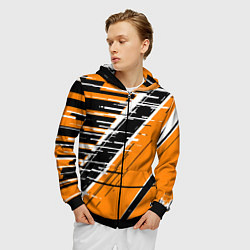 Толстовка 3D на молнии мужская Чёрно-белые глитч полосы на оранжевом фоне, цвет: 3D-черный — фото 2