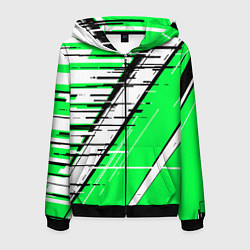 Толстовка 3D на молнии мужская Чёрно-белые глитч полосы на зелёном фоне, цвет: 3D-черный
