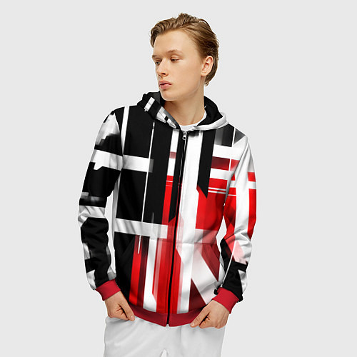 Мужская толстовка на молнии Чёрно-красные вертикальные и горизонтальные полосы / 3D-Красный – фото 3