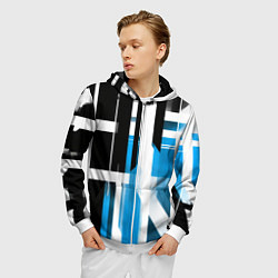 Толстовка 3D на молнии мужская Чёрно-синие вертикальные и горизонтальные полосы н, цвет: 3D-белый — фото 2