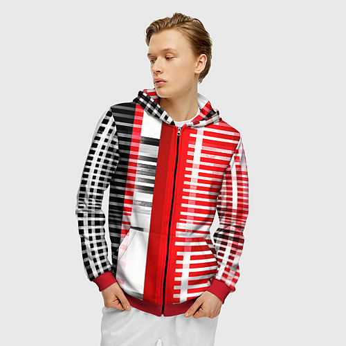 Мужская толстовка на молнии Белые полосы на чёрно-красном фоне / 3D-Красный – фото 3