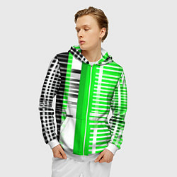Толстовка 3D на молнии мужская Белые полосы на зелёно-чёрном фоне, цвет: 3D-белый — фото 2