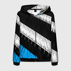 Толстовка 3D на молнии мужская Диагональные чёрно-белые полосы на синем фоне, цвет: 3D-черный