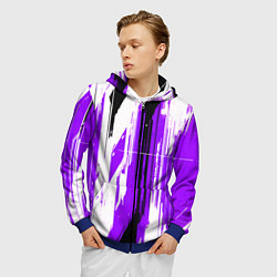Толстовка 3D на молнии мужская Вертикальные чёрно-белые линии на фиолетовом фоне, цвет: 3D-синий — фото 2
