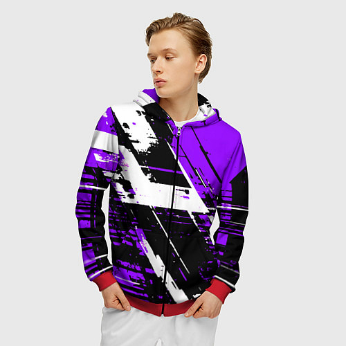 Мужская толстовка на молнии Diagonal black and white stripes on a purple backg / 3D-Красный – фото 3