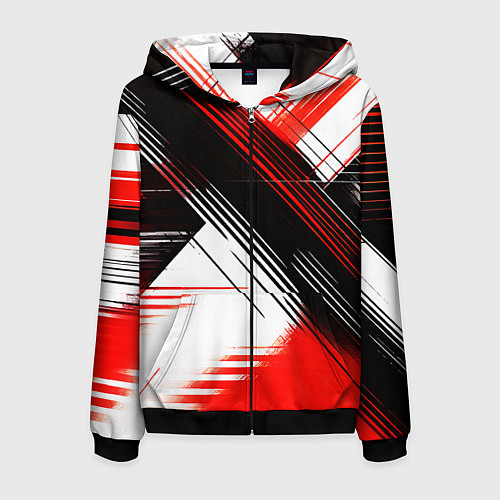 Мужская толстовка на молнии Диагональные красно-чёрные линии на белом фоне / 3D-Черный – фото 1